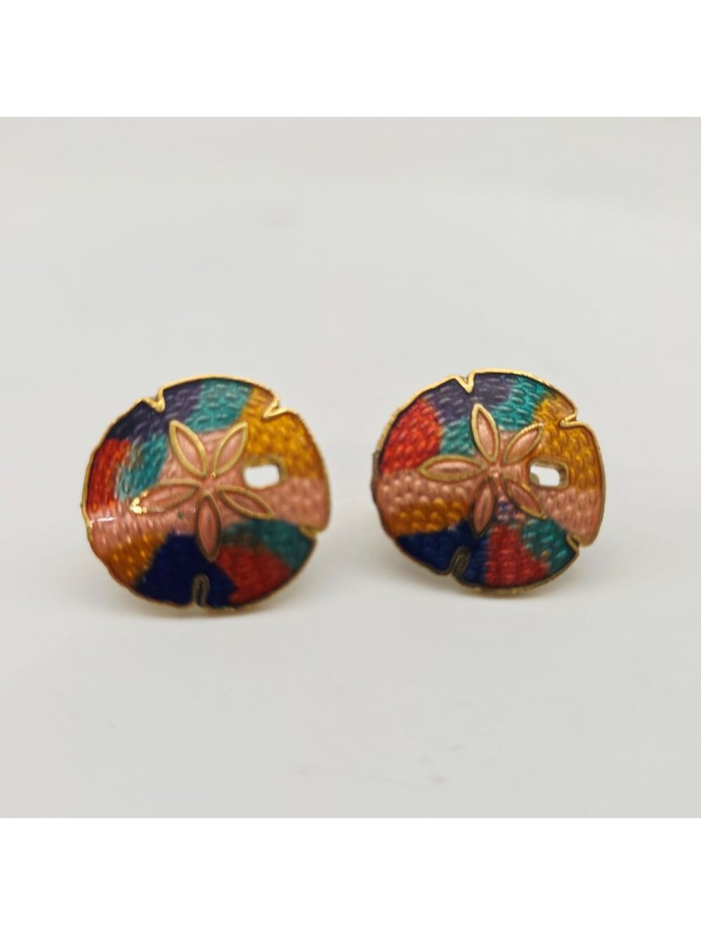 Seashell Clip On Earrings Cloisonne Sand Dollar Colorful Small Vintage 3/4"